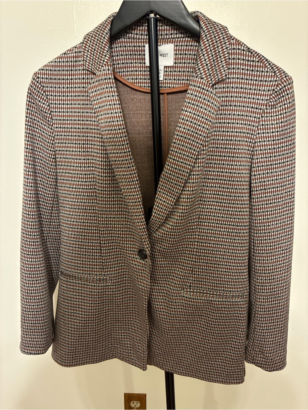 Nine West Petite Small Brown Black Houndstooth Plaid Blazer Jacket Career Fall